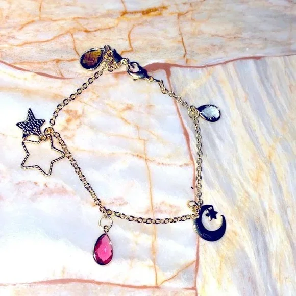 New Victoria Secret gold Ankle Leg bracelet charm Rare stars Moon Crystals